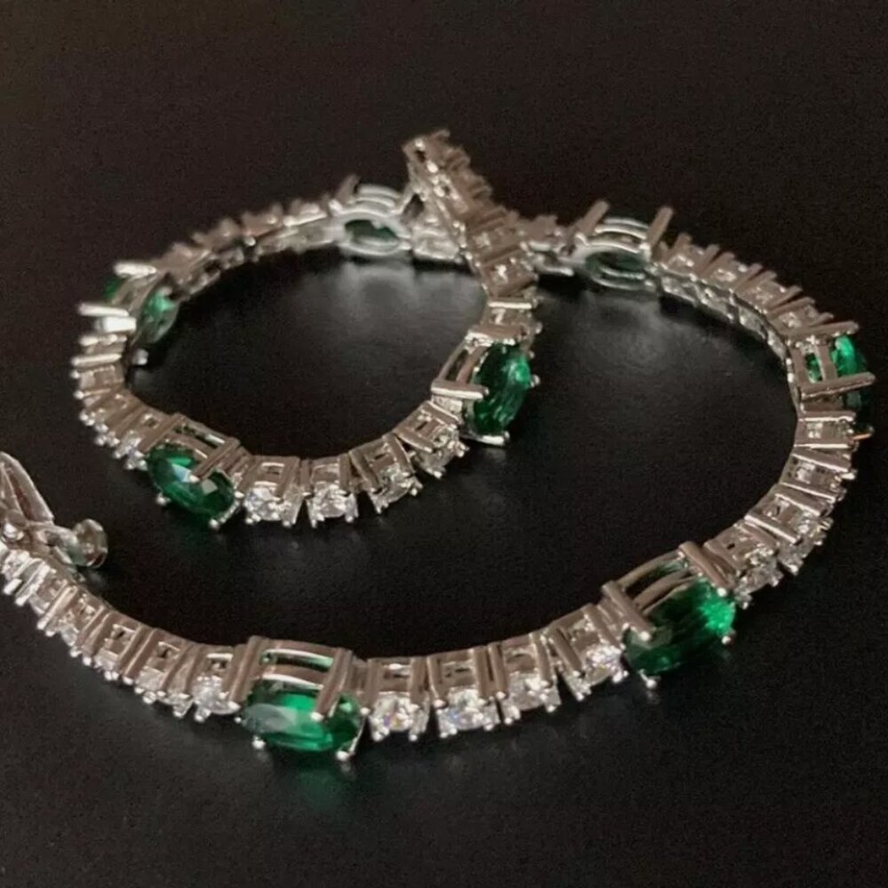 Sun BR Silver .925 Bracelet with Synthetic Emerald & Simulated Diamond 7.87"